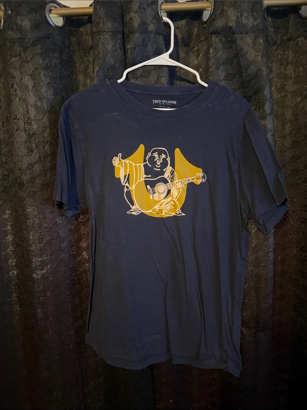 True Religion Navy Tee with Yellow Buddha Guitar Graphic
